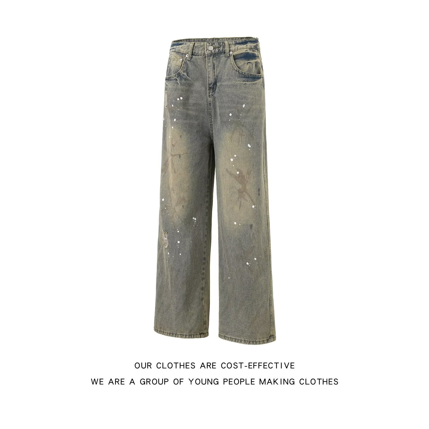 Men's And Women's Distressed Splatter Paint Curved Blade Jeans Loose Wide Leg Trousers Chinese Style Vibe For Spring Autumn_mkmklike.com