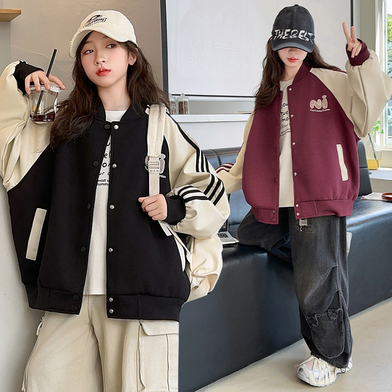 소녀의 코트 봄과 가을 2024 새로운 서양식 어린이 가죽 자수 야구 세트 소녀의 가을 재킷 탑