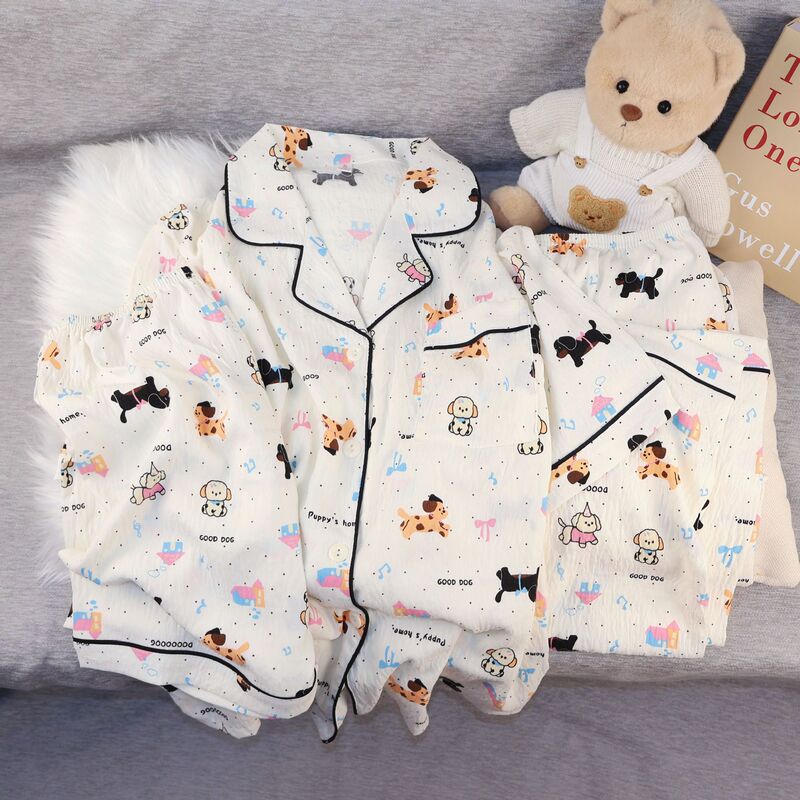 Three-Piece Set of Cloud Cotton New Cartoon Pajamas for Women Sweet and Cute Short-Sleeved Shorts Cardigan Lapel Home Wear Set
