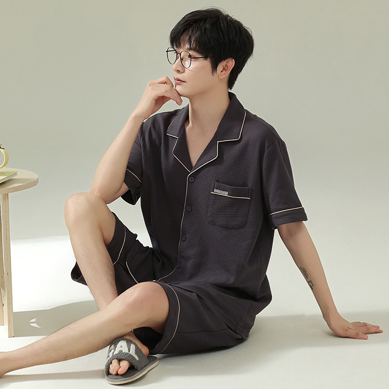 Verano nuevos hombres cardigan pijamas de manga corta puro algodón rojo boda casual waffle desgaste del hogar se puede usar fuera de verano