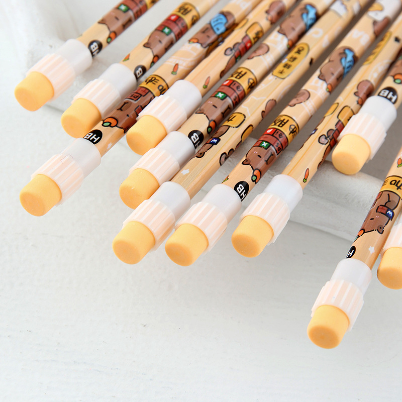 Caricatura Capibara HB lápiz para estudiantes de primaria 12 rodas redondas con cuchillo de lápiz de alto valor de papelería