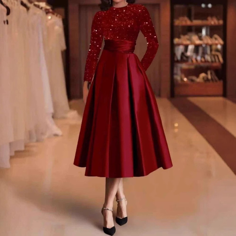 Amazon Sequined High-End Long-Sleeved Dress Aliexpress Banquet Party Elegant Mid-Length Dress