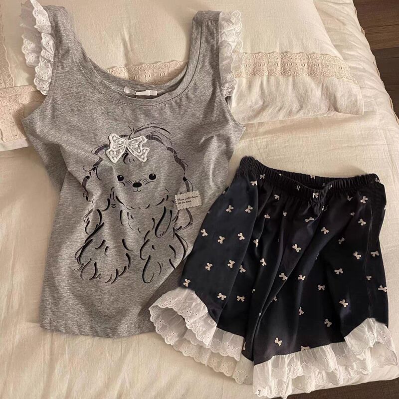 Women's Summer Pajamas with Cool Straps and Chest Pads, 2026 New Cute Dog Print Vest Set Loungewear