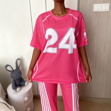 女粉数字24印花运动套装宽松休闲短袖上衣条纹长裤两件时尚休闲