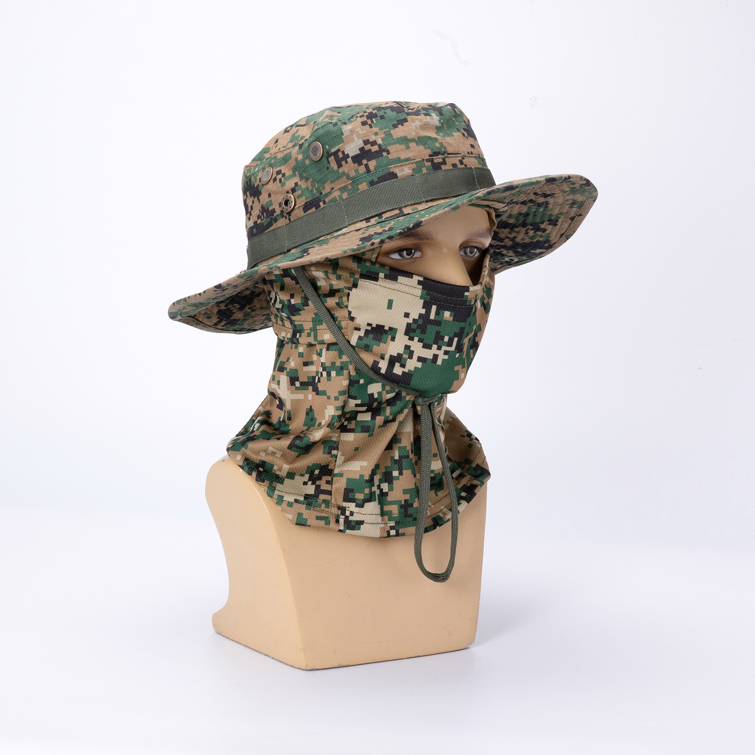 Sombrero de borde redondo de camuflaje transfronterizo Sombra de sol al aire libre Tácticas Funda de sombrero Benny Tapa de ley Balafak Máscara de pesca