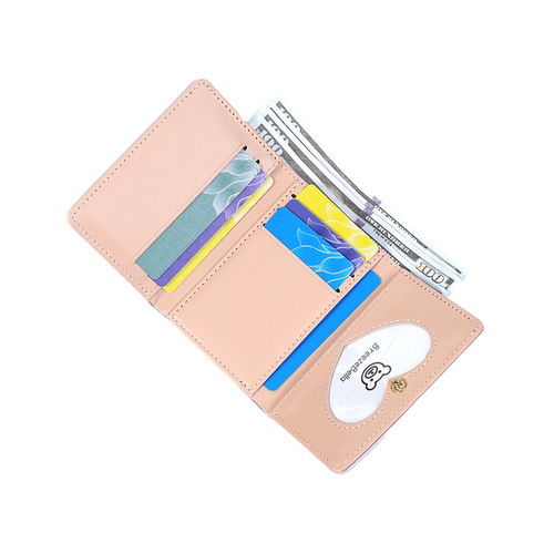 Korean-style tri-fold short pocket small wallet for Instagram girls, foldable leather card case with cute cartoon butterfly design