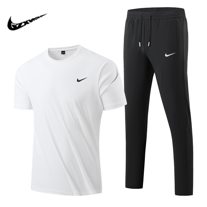 Men's New Sports Suit Set, Ice Silk Breathable Casual Summer Quick-Dry Short-Sleeve Long Pants Men's Outfit, Stylish Combination
