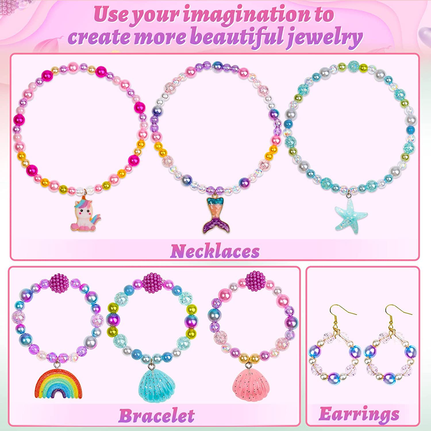Transfronterizo Amazon Niños niña caja de regalo traje de dibujos animados unicornio pulsera hecha a mano colorido collar de perlas