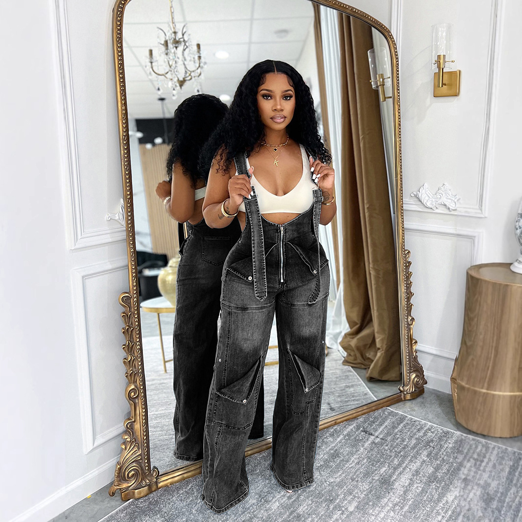 S391400 Cross-border European And American Loose Version High-waisted Denim Overalls, Women's Fashion Casual Wide-leg Jumpsuit_ecoleips.com