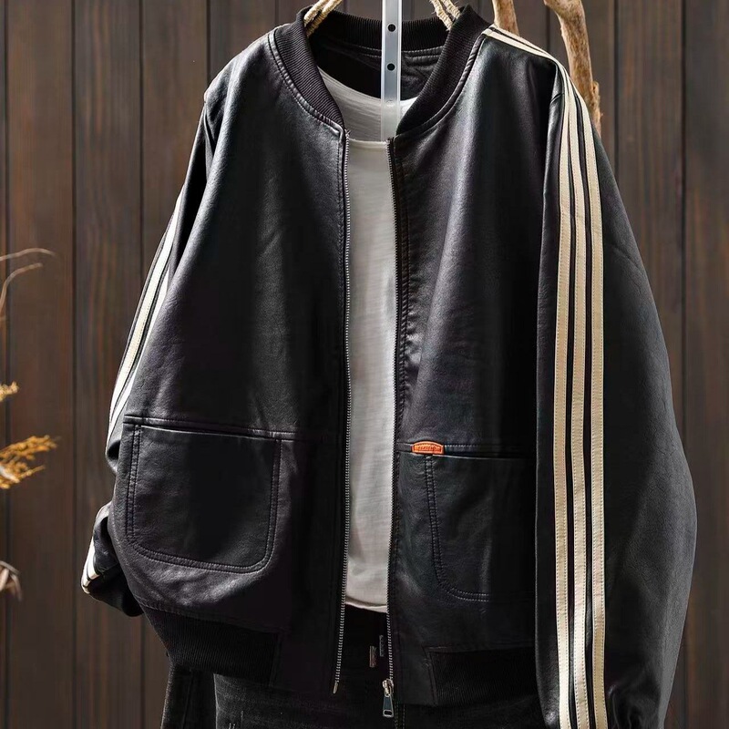 Three-stripe black leather jacket for women, spring 2026 new model, super trendy and cool, stand-up collar, short biker PU leather jacket