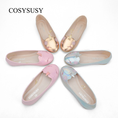 跨境女孩设计款皮鞋镭射独角兽可爱女童公主鞋春秋百搭平底大童鞋