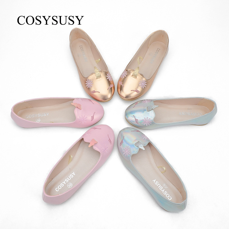 跨境女孩设计款皮鞋镭射独角兽可爱女童公主鞋春秋百搭平底大童鞋