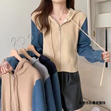 连帽拉链针织开衫毛衣女秋冬季新款拼接牛仔长袖短款小外套上衣女