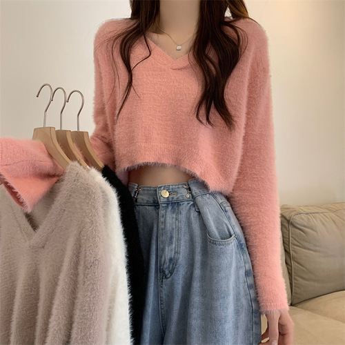 French-style atmosphere collar inner layer crew neck knitted sweater for women autumn and winter faux mink short sleeve sweater