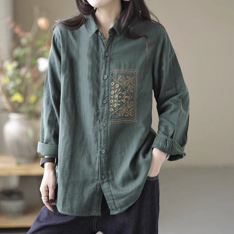 Southeast Asian Spring and Autumn Large Size Loose-Fitting Casual Artistic Retro Long-Sleeve Embroidered Cotton-Linen Shirt Top