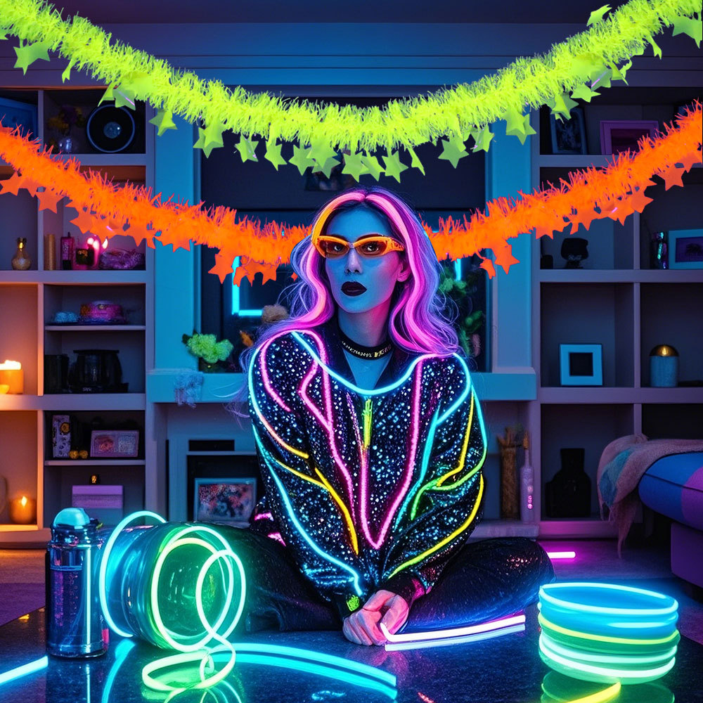 Macarons fluorescentes, tuerca, flor, tema de neón, decoración de fiesta, colgante de cinta, estrella de Navidad, tira de color de hierba