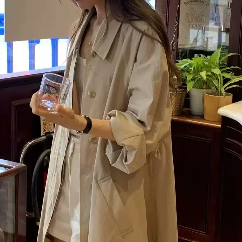 现货 2025秋季新款韩国东大门OU*CE纯色简约翻领单排扣风衣外套女