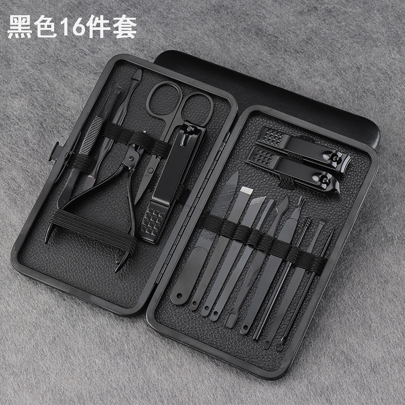 Acero inoxidable negro cortaúñas conjunto completo de 18 piezas cortaúñas traje acné aguja pedicura cuchillo belleza alicates manicura herramientas