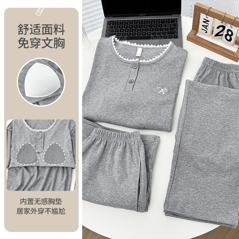 Summer Day Sweet Three-piece Set Pajamas Women's One-piece Short-sleeved Outer Wearing Casual Home Clothes with Chest Pad