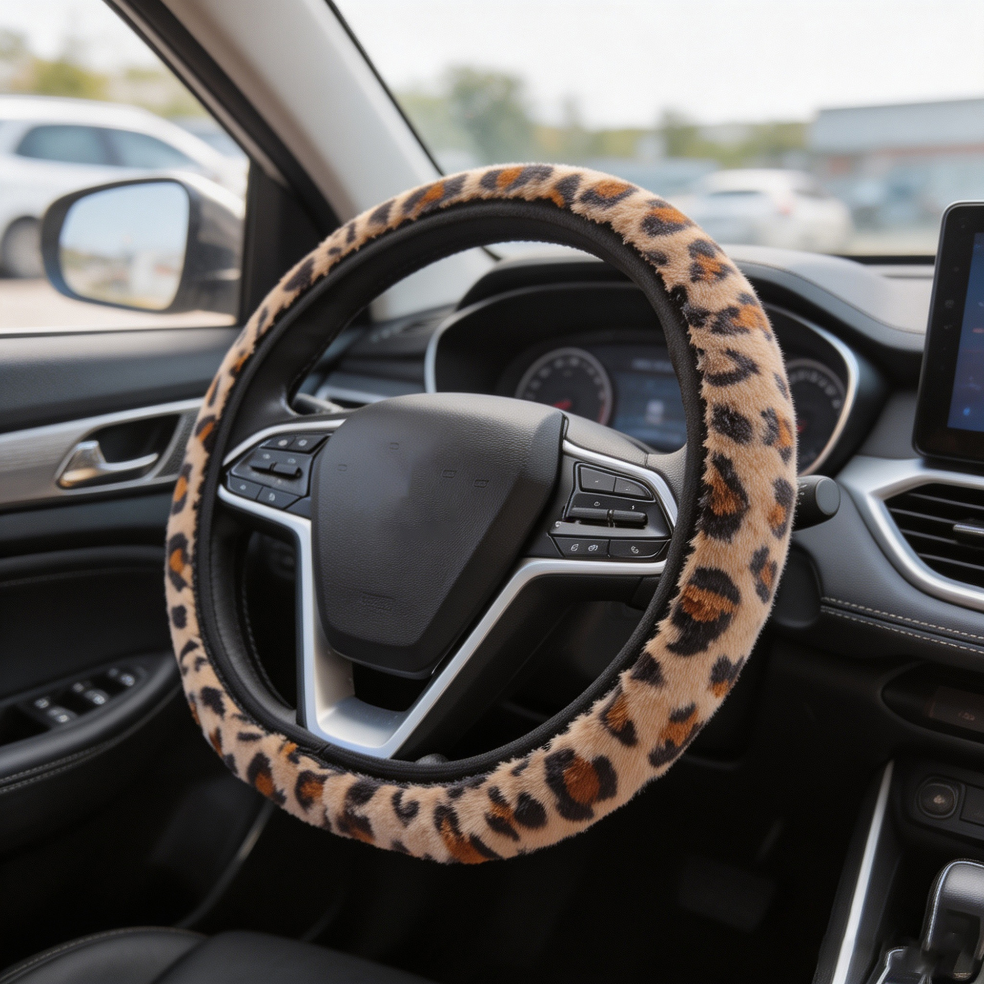 Leopard print short plush steering wheel cover without inner ring, anti-slip, warm, sweat-absorbent car handle cover, popular cross-border product
