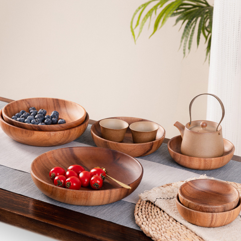 Walnut Wood Bowl, Large Noodle Bowl, Soup Bowl, Household Wooden Anti-Scalding Children's Salad Bowl, Acacia Wood Fruit Plate Wholesale