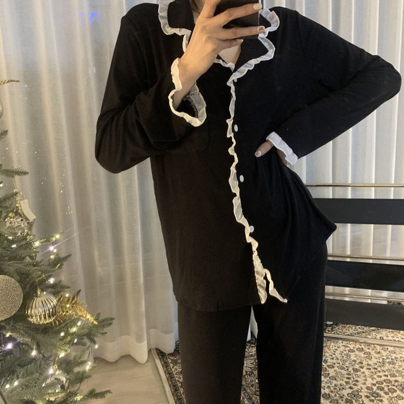 2025新款睡衣女韩版花边春夏长袖宽松可爱长袖女士家居服套装批发|undefined