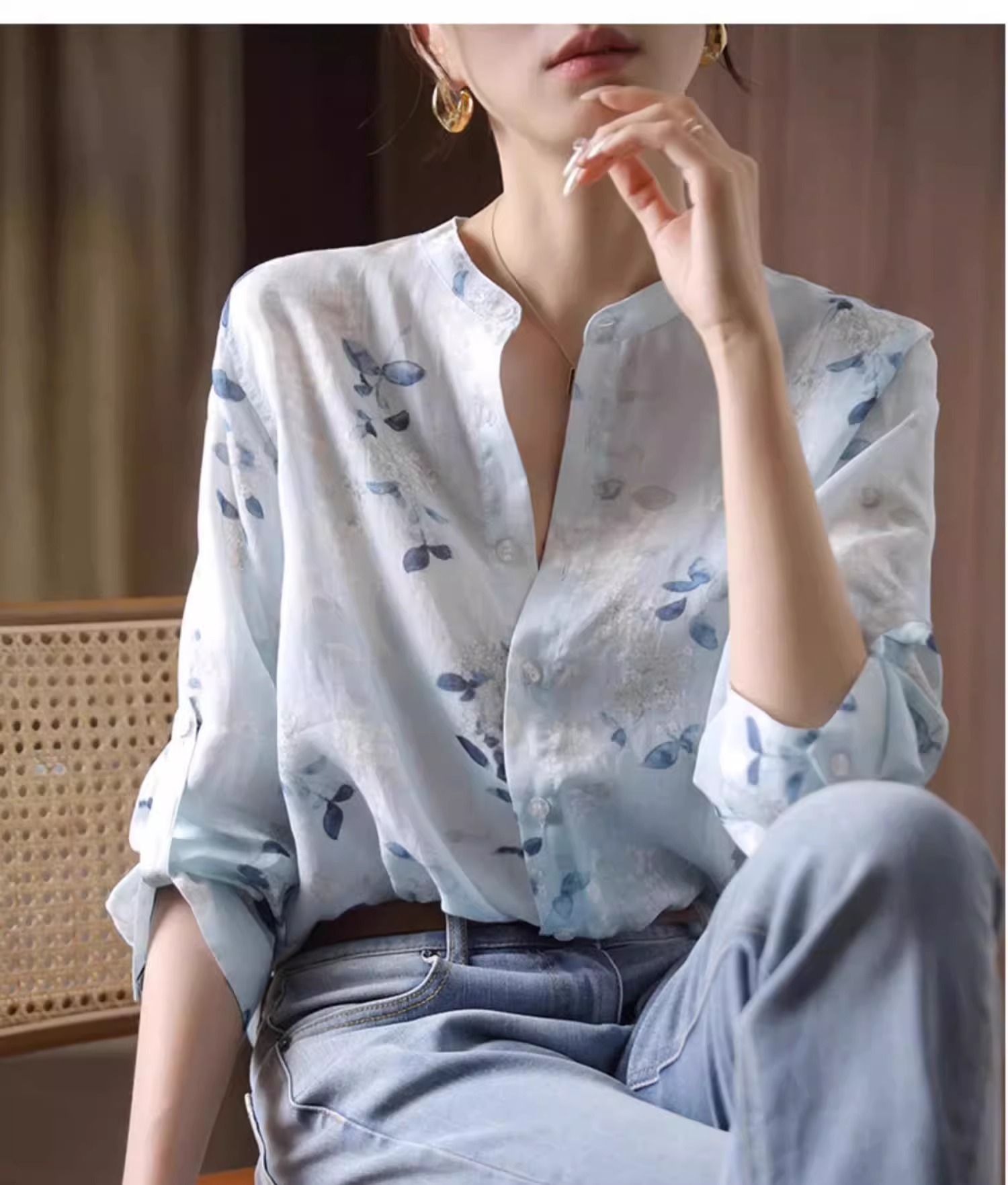 Áo sơ mi cotton in họa tiết tay lỡ nữ kiểu Chanel tôn dáng — Màu xanh da trời chi tiết 1