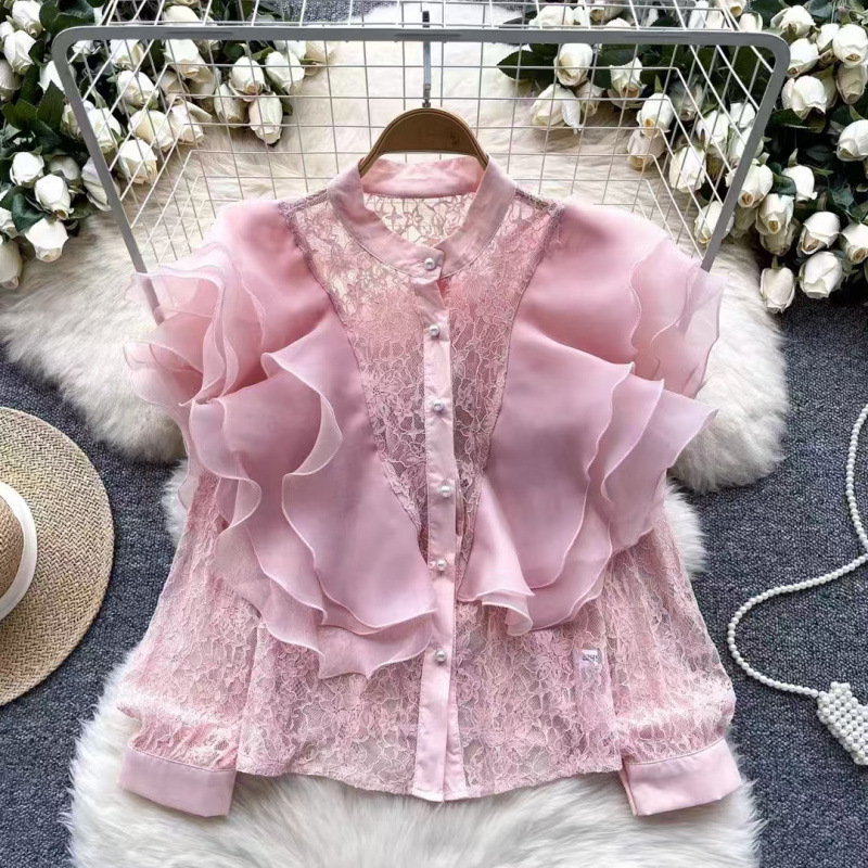 French-Style Niche Light Luxury Three-Dimensional Ruffle Splicing Round Neck Pearl Single-Breasted Versatile Sheer Lace Cardigan Top