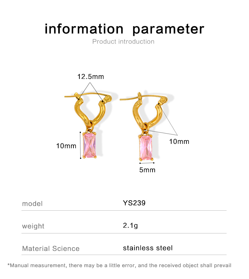 9g Weight Zircon Insert Material Fashion Square Stainless Steel Plating Inlay Zircon Drop Earrings 1 Pair