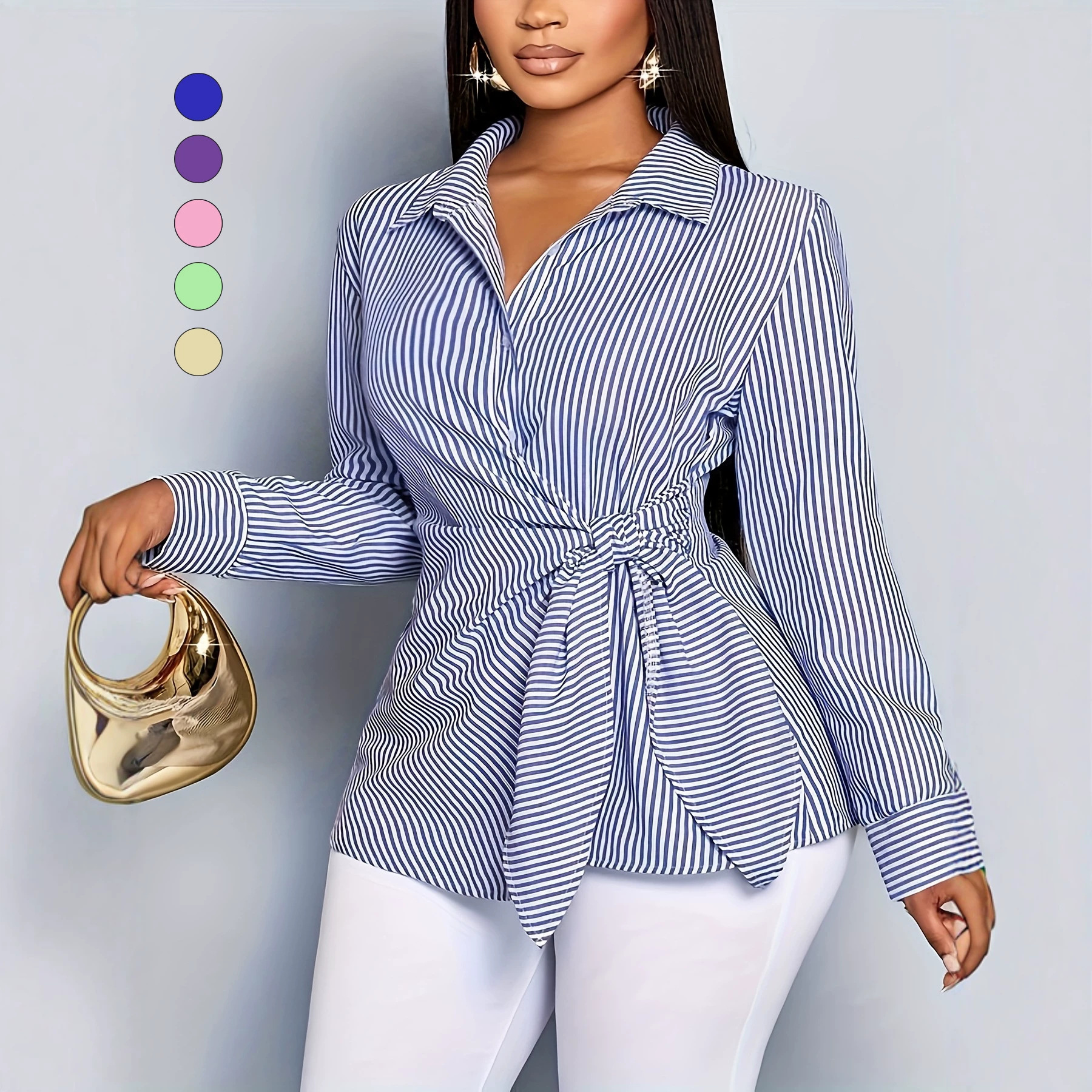 2026 European and American new plus-size women's shirt, fashionable casual striped button twist design, sexy waist-cinching top