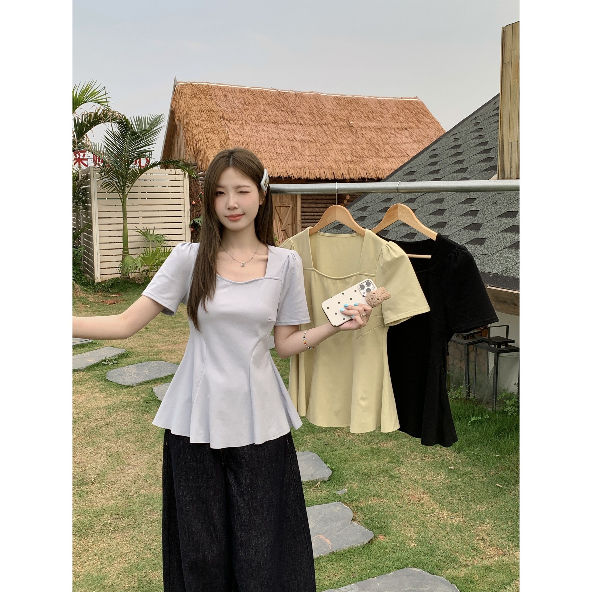 Real Shot 2025 Summer New Plus Size Loose Waist-Cinching Pleated Hem T-Shirt Pure Vibe Square Neck Regular Shoulder Top 64582
