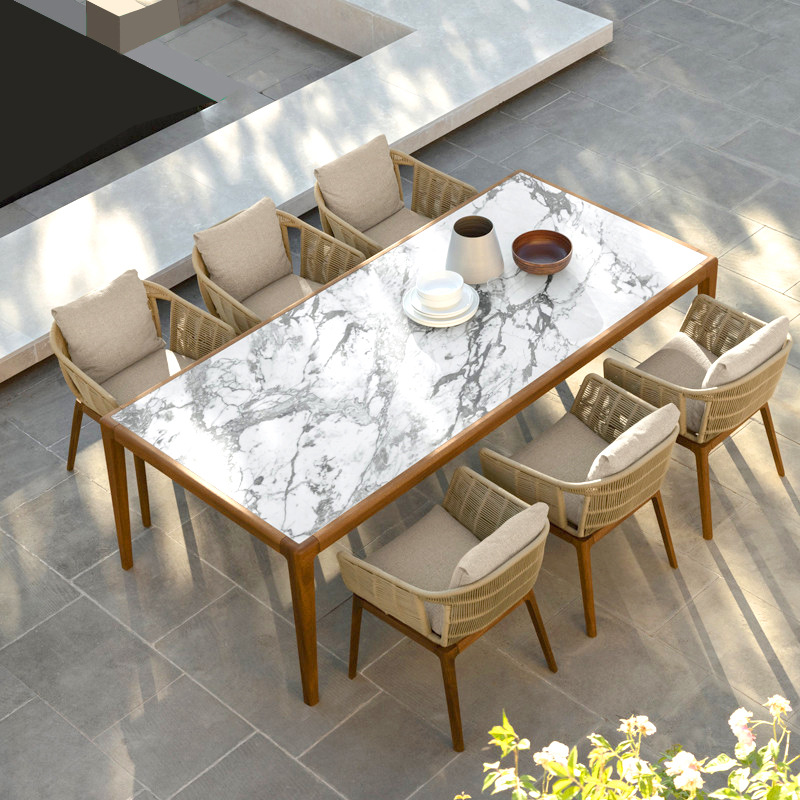 Nórdico al aire libre mesa de teca y silla de ocio patio moderno terraza mesa de comedor balcón anticorrosión de madera protección solar combinación de silla de ratán