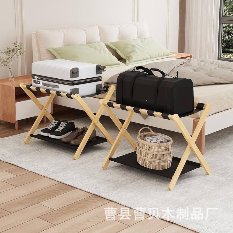 木质行李架酒店客栈装饰两层置地式展示收纳架鞋架可折叠行李架|undefined