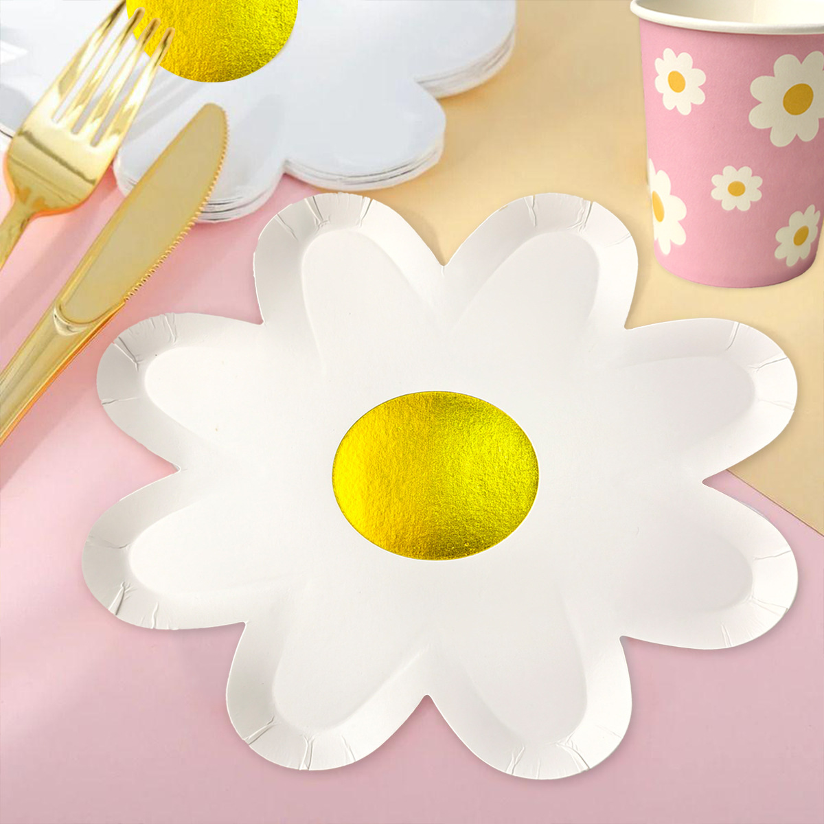 Elegant White Sunflower Disposable Party Tableware Set - 20pcs Floral Paper Plates, Cups, Napkins For Wedding, Birthday, Baby Shower Decorations_voghion.com