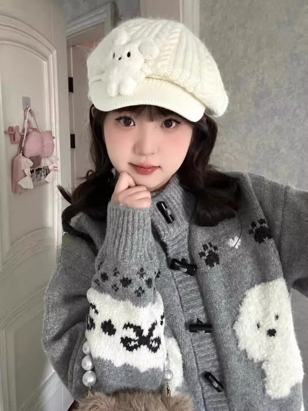 慵懒风卡通单排扣毛衣开衫女秋季新款韩版宽松针织外套|undefined