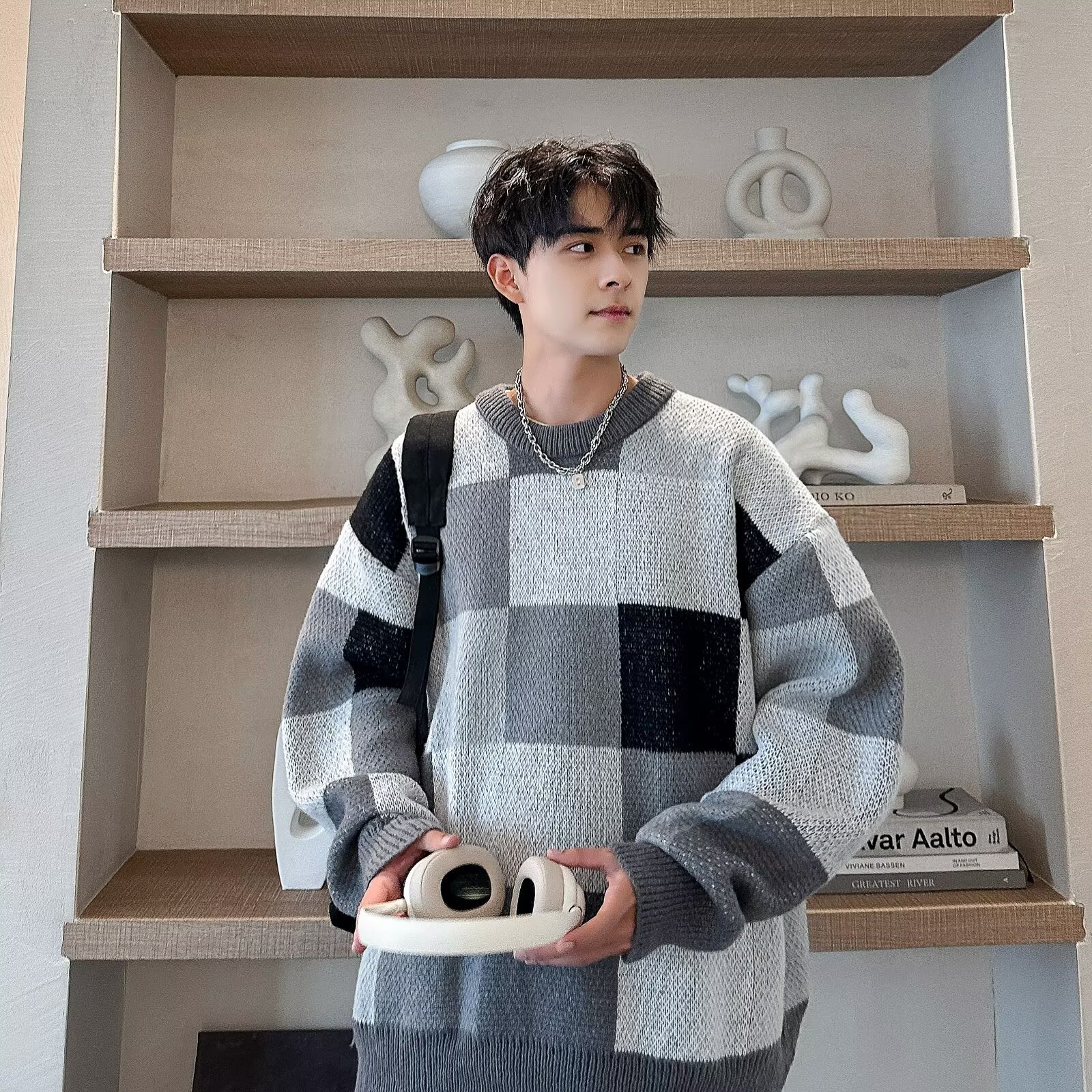 Suéter de tablero de ajedrez de Navidad para hombres invierno de alta calidad camiseta de punto suelta perezosa americana chaqueta de hilo retro