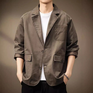 High-end American-style Retro Flat Barge Collar Casual Suit Jacket Men's Autumn New Loose Pure Cotton Single Suit Jacket Men's