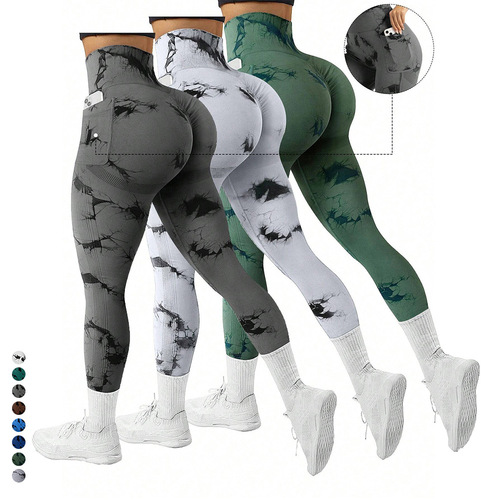 Cross-border new tie-dye side pocket yoga pants long-length bare feel running sports fitness leggings butt-lifting yoga pants for women