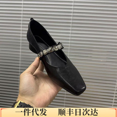 牛皮版~3cm真皮粗跟玛丽珍女鞋浅口金属扣一字带通勤法式气质单鞋