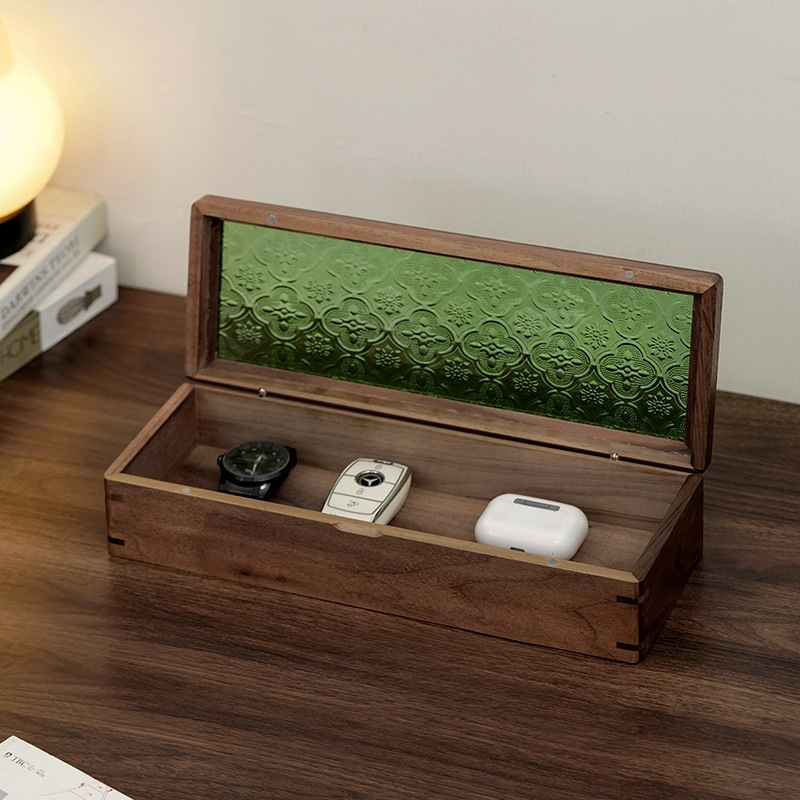 Storage Box Black Walnut Magnetic Desktop Collection Watch Begonia Flower Glass Solid Wood Cover Box Mortise and Tenon Finishing Box