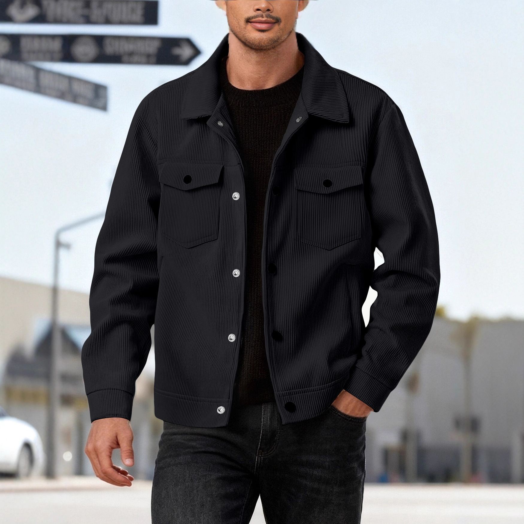 Europa y los Estados Unidos transfronterizos amazonas de seda de una sola fila botón cuello casual camisa de manga larga de moda deportiva casual bolsillo chaqueta hombre