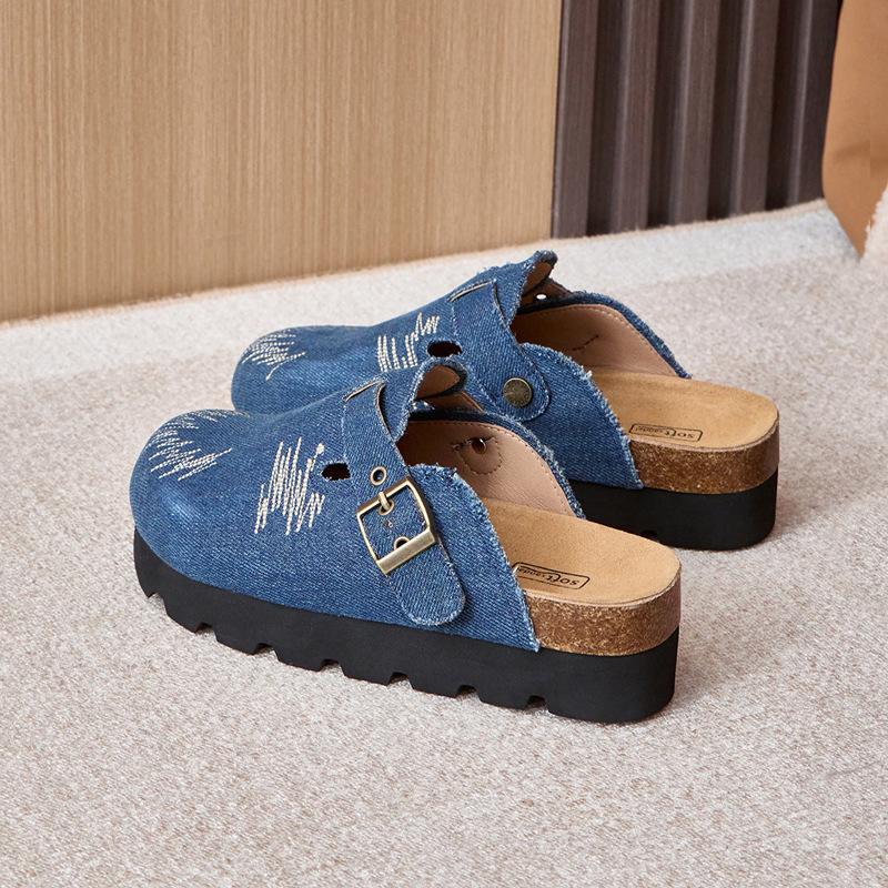 Platform-soled Birkenan Shoes Baotou Half Slippers Women's Spring and Summer 2025 Retro Dressed Slippers Outer Wear Denim Casual Birkenan Shoes