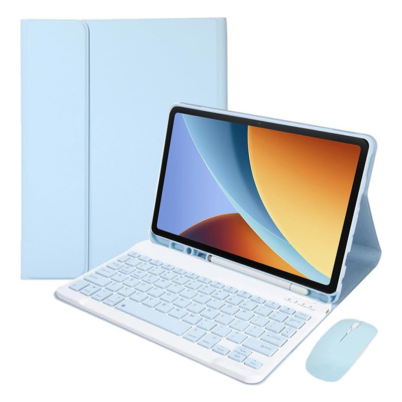 Funda de cuero azul cielo + teclado Bluetooth + ratón de carga