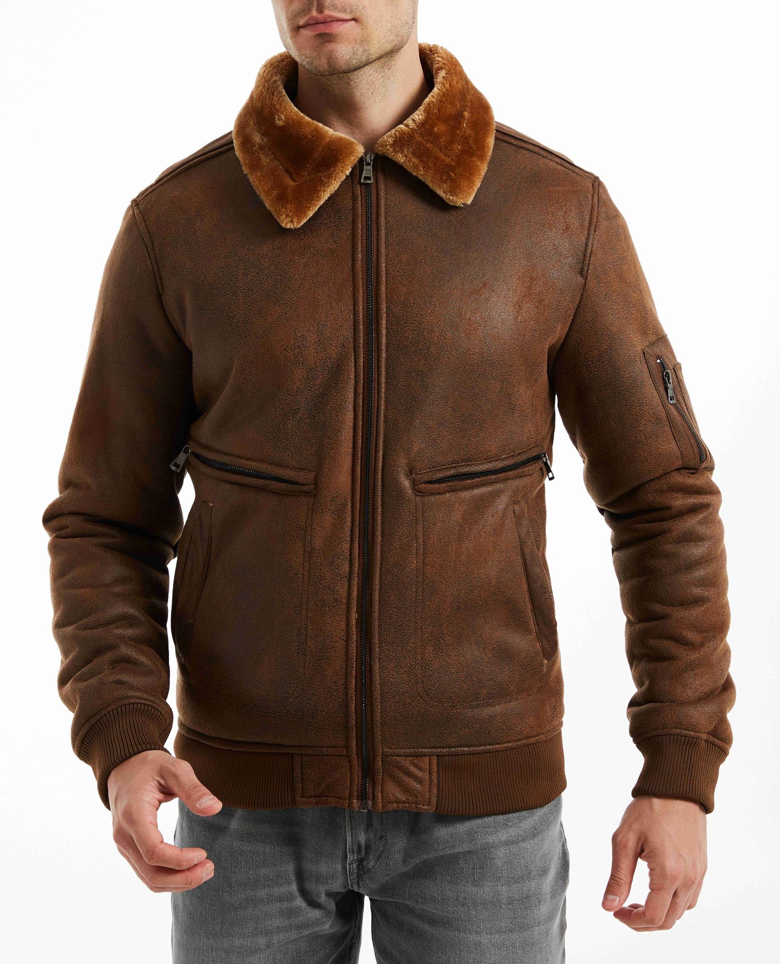 Men's Fur Lined Winter Jacket With Multi Pockets And Lapel Collar_voghion.com