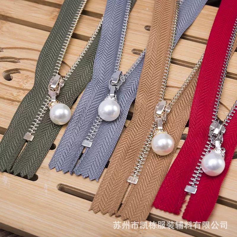3#5#Light golden white gold, brass tooth luggage clothing real copper with pearl tie head 3 metal closed tail zipper