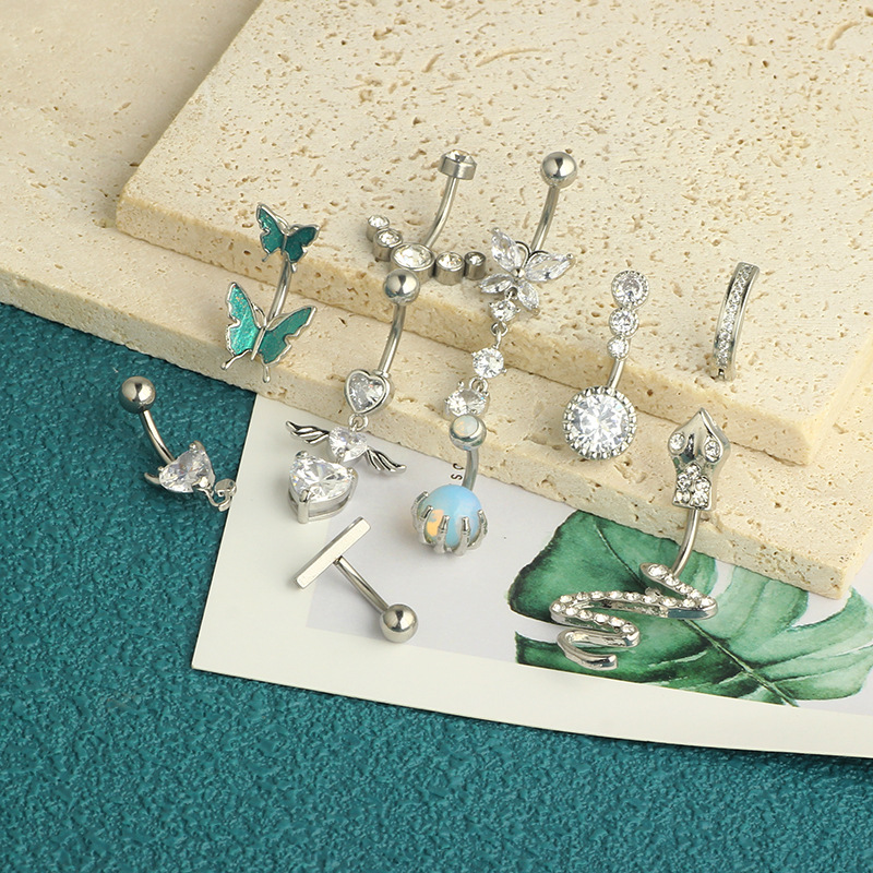 Amazon New Inlaid Zircon Love Belly Button Ring Butterfly Inverted Belly Button Nail Snake Belly Button Ring Piercing Jewelry 10 Pieces detail image 14