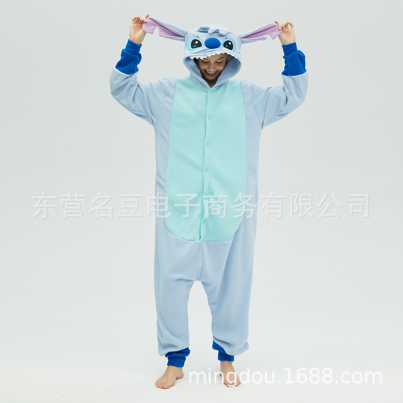 Foreign Trade Popular Stitch Cartoon One-Piece Pajamas Polar Fleece Shark Long-Sleeved Couple Pajamas Adult Home Clothes