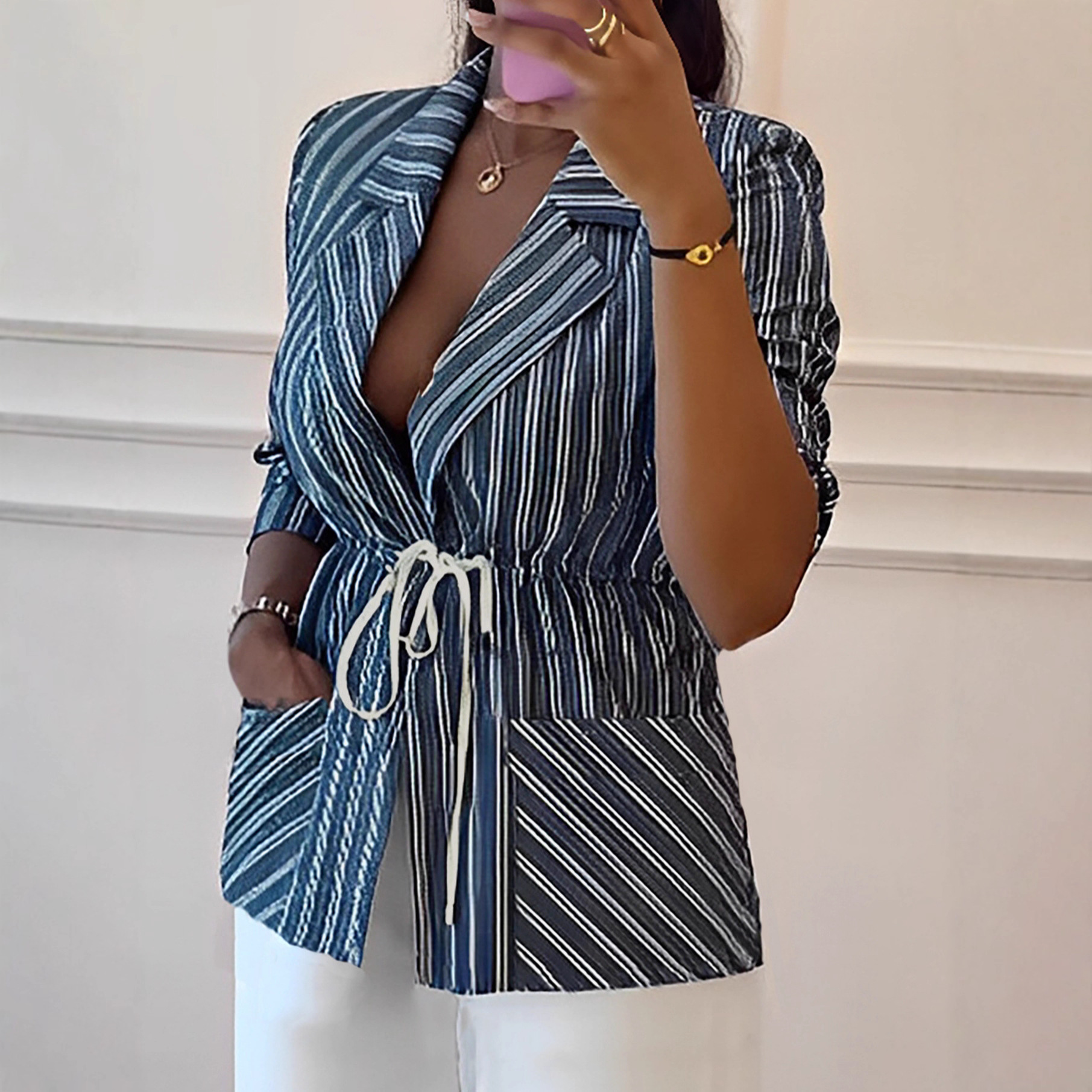 12008 European and American Clothing Amazon Cross-Border New Stripesd Printed Jacket Long-Sleeved Waist Strap Suit Jacket