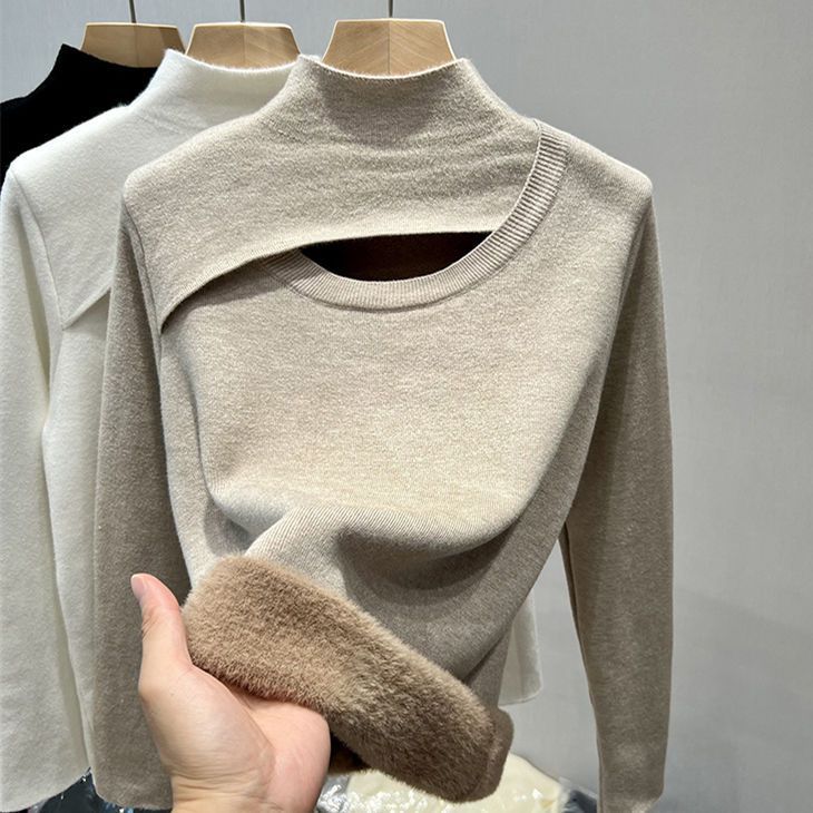 高品質2022秋冬洋氣加絨加厚半高領毛衣加厚壹體絨打底衫女士內搭