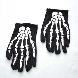 男女士万圣节 圣诞节舞台表演手套 骷髅手爪 骨架图案 印刷手套